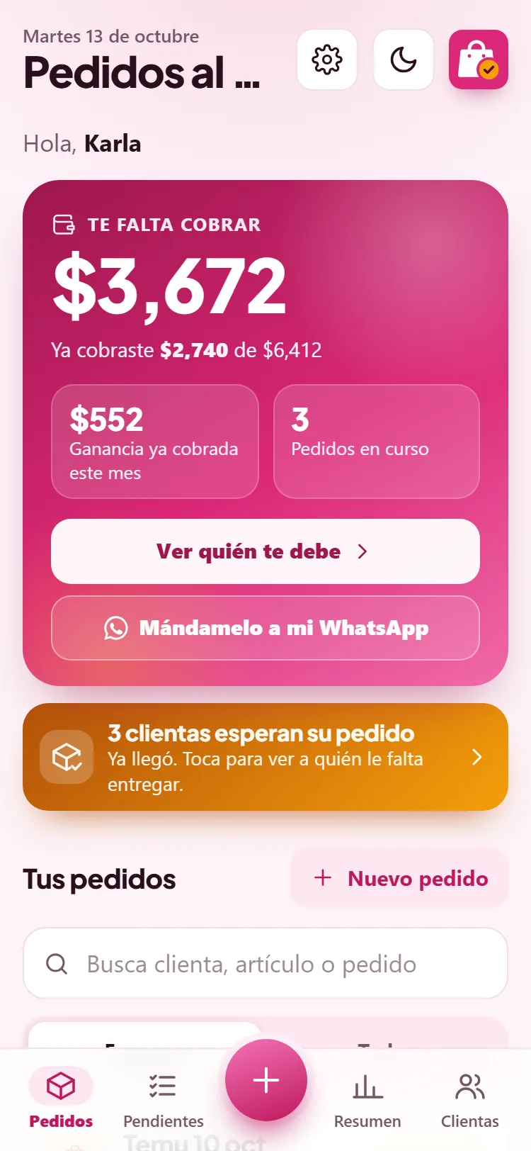 Pedidos al Día en un celular